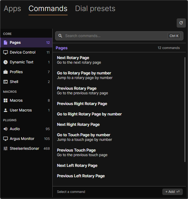 Action panel with apps, commands and dial presets
