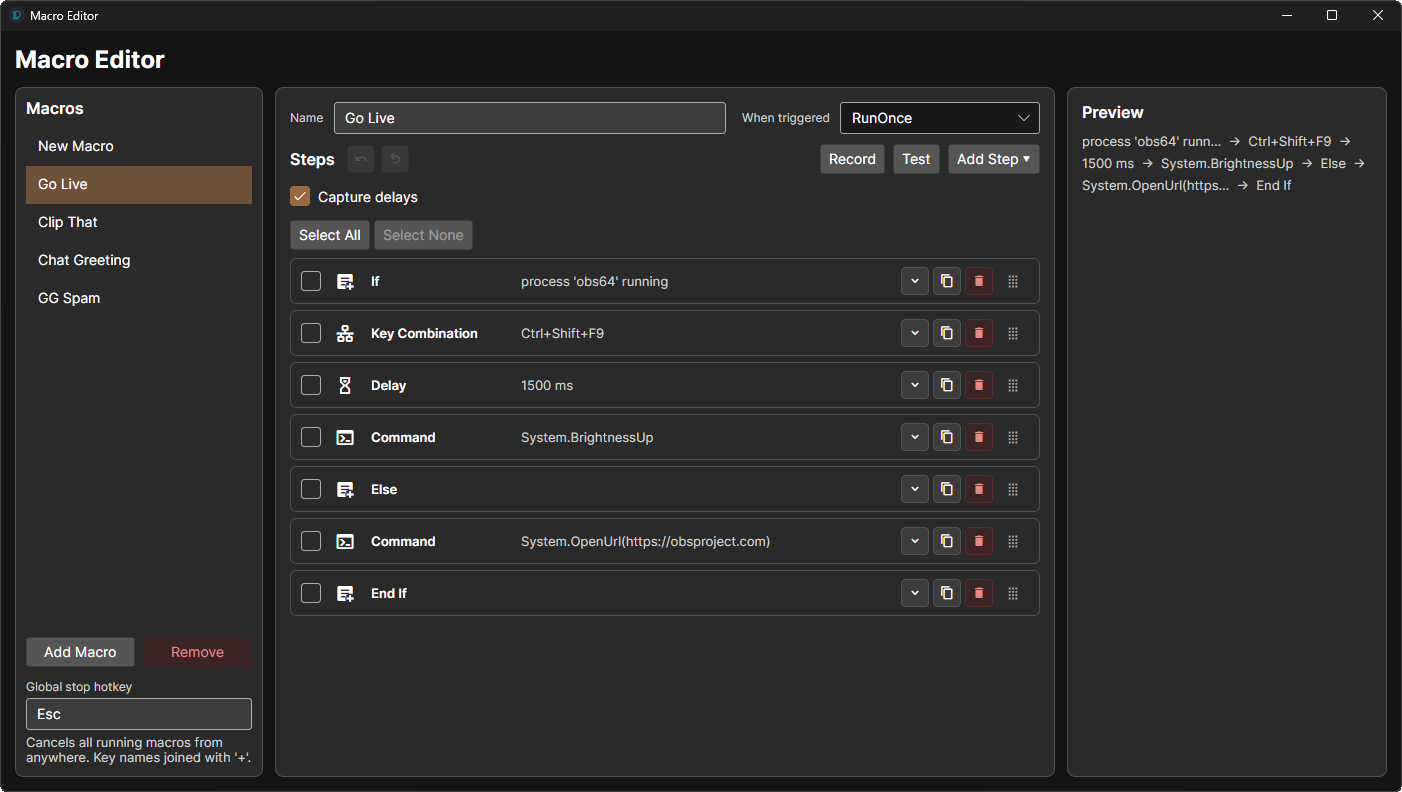 Visual macro editor with conditions, loops and variables