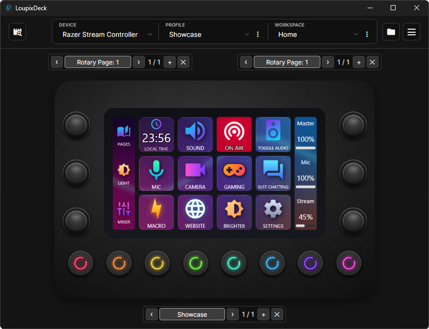 LoupixDeck main window showing a Razer Stream Controller with a colourful touch page