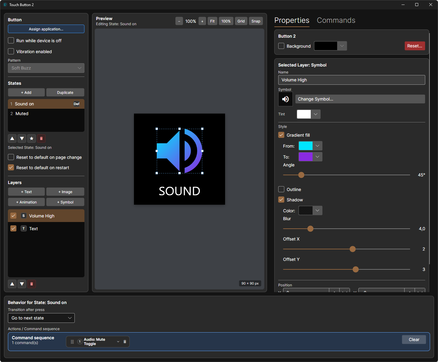 Layer-based touch button editor with states, gradients and shadows